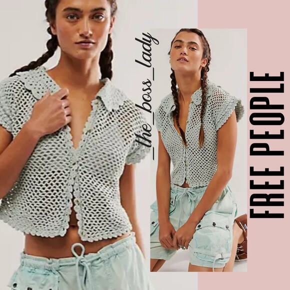 Free People crochet top collard button-front knit cotton XS boho preppy - Picture 1 of 8